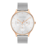 Calvin Klein analog watch with a white dial, rose gold case, and a silver mesh strap, shown against a plain white background.