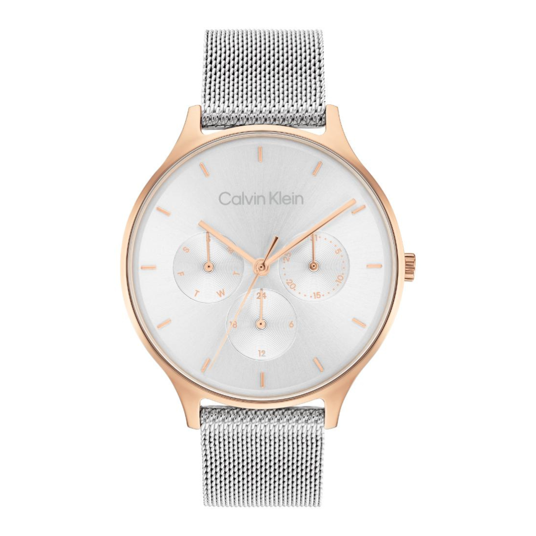 Calvin Klein analog watch with a white dial, rose gold case, and a silver mesh strap, shown against a plain white background.