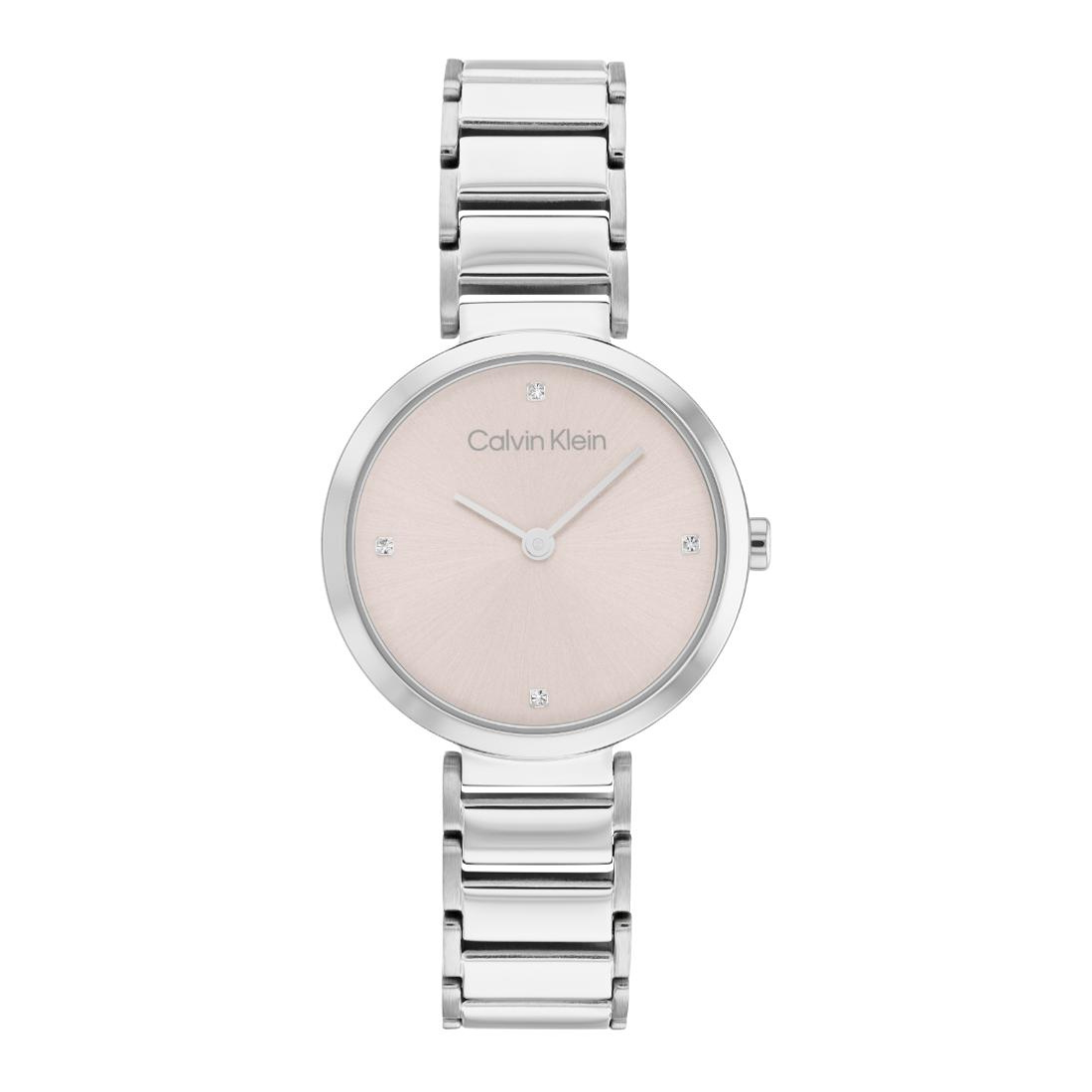 Calvin Klein watch with silver bracelet and pink dial on a white background