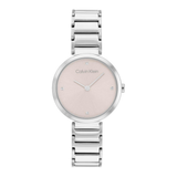 Calvin Klein watch with silver bracelet and pink dial on a white background