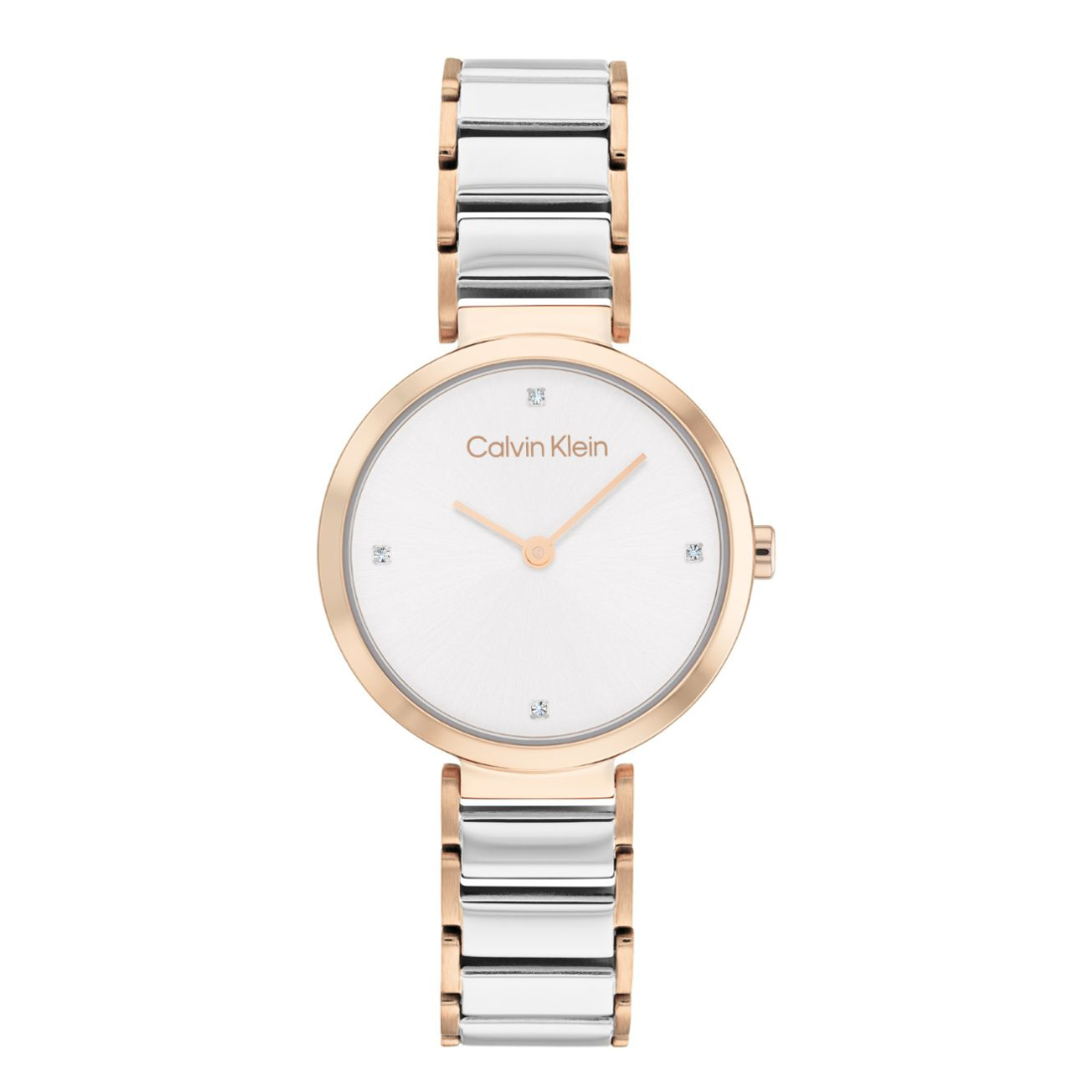 Calvin Klein women's watch featuring a two-tone rose gold and silver stainless steel link bracelet, a white dial with rose gold hands, and crystal hour markers.