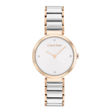 Calvin Klein women's watch featuring a two-tone rose gold and silver stainless steel link bracelet, a white dial with rose gold hands, and crystal hour markers.