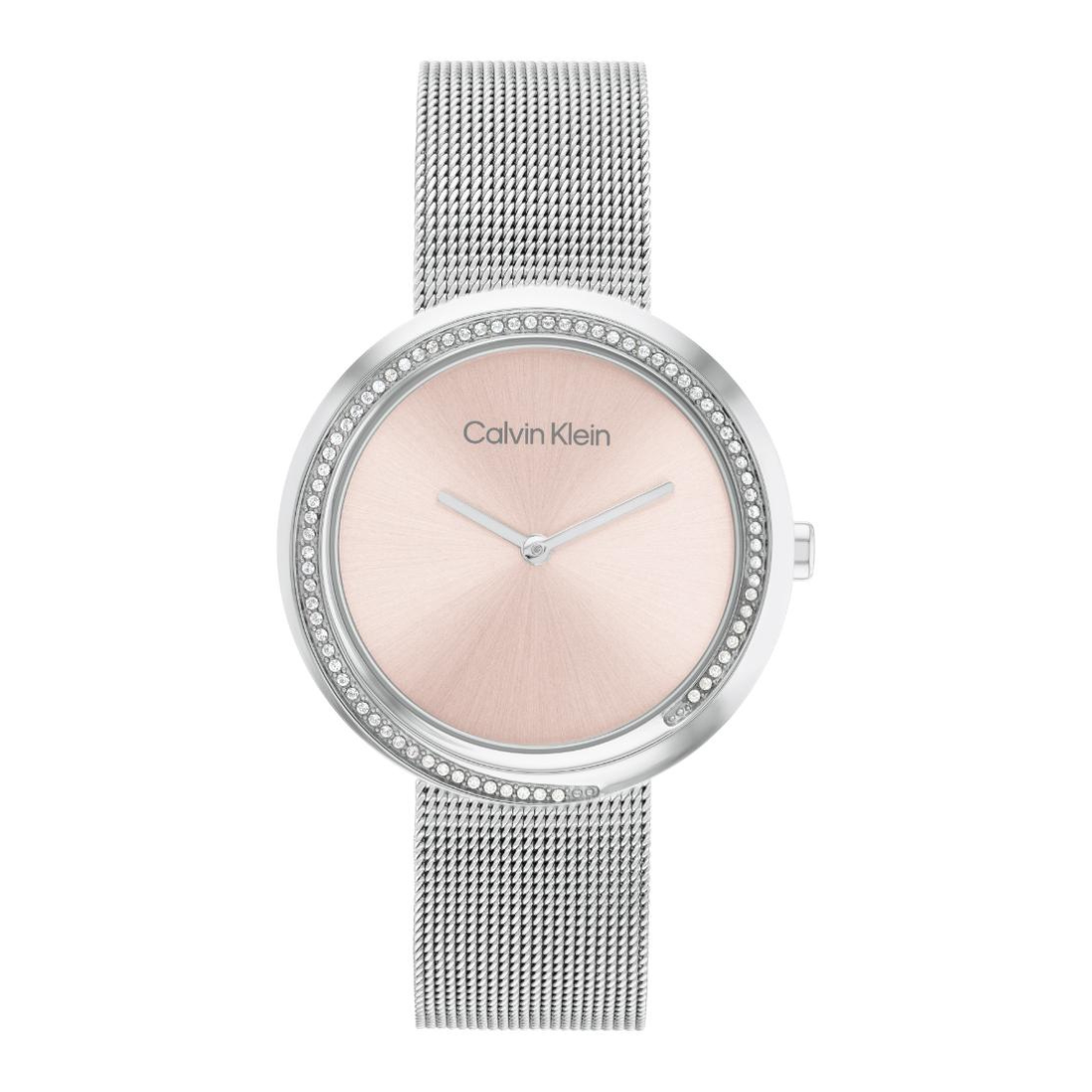Calvin Klein women's watch featuring a silver-tone mesh strap, a bezel set with small clear crystals, and a brushed rose gold dial with silver-tone hands.