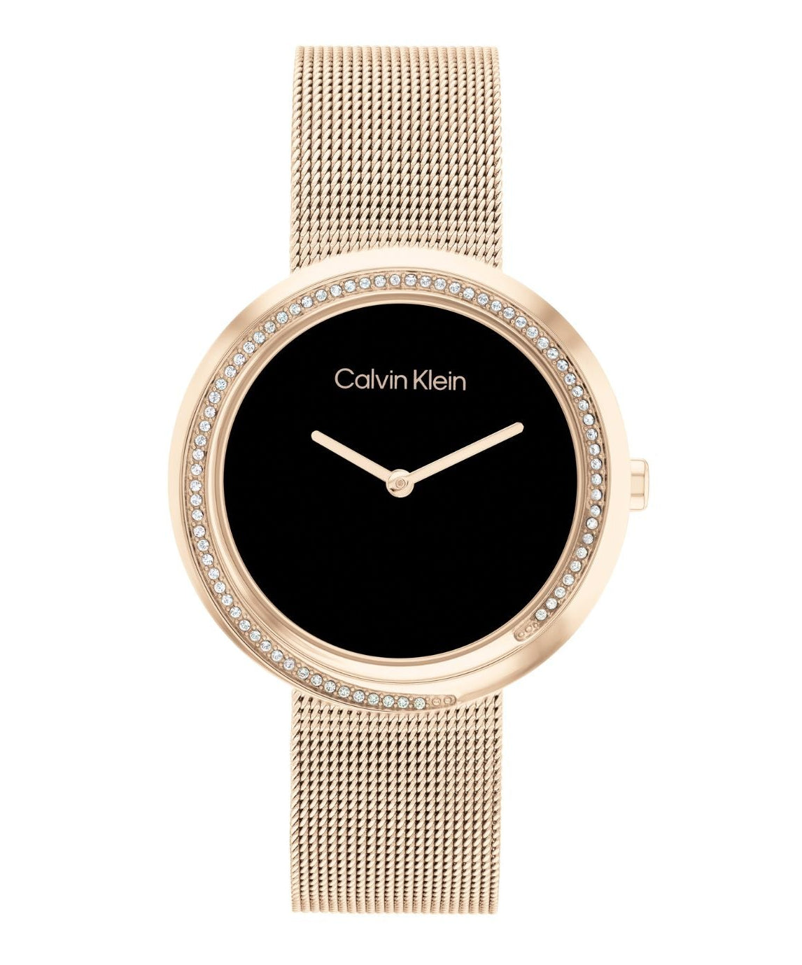 Calvin Klein watch with rose gold mesh band and black dial on a white background