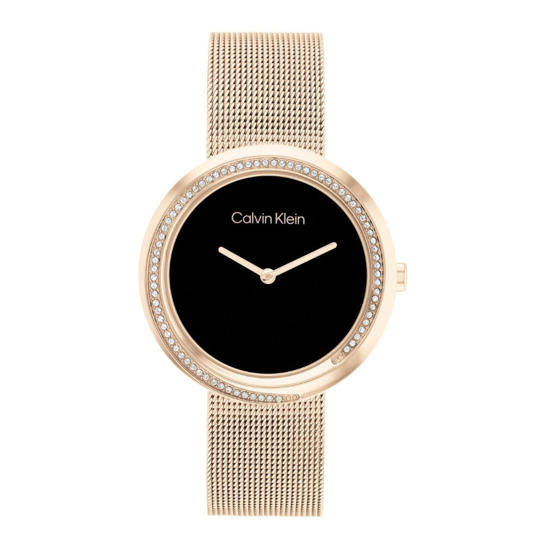 Calvin Klein watch with rose gold mesh band and black dial on a white background