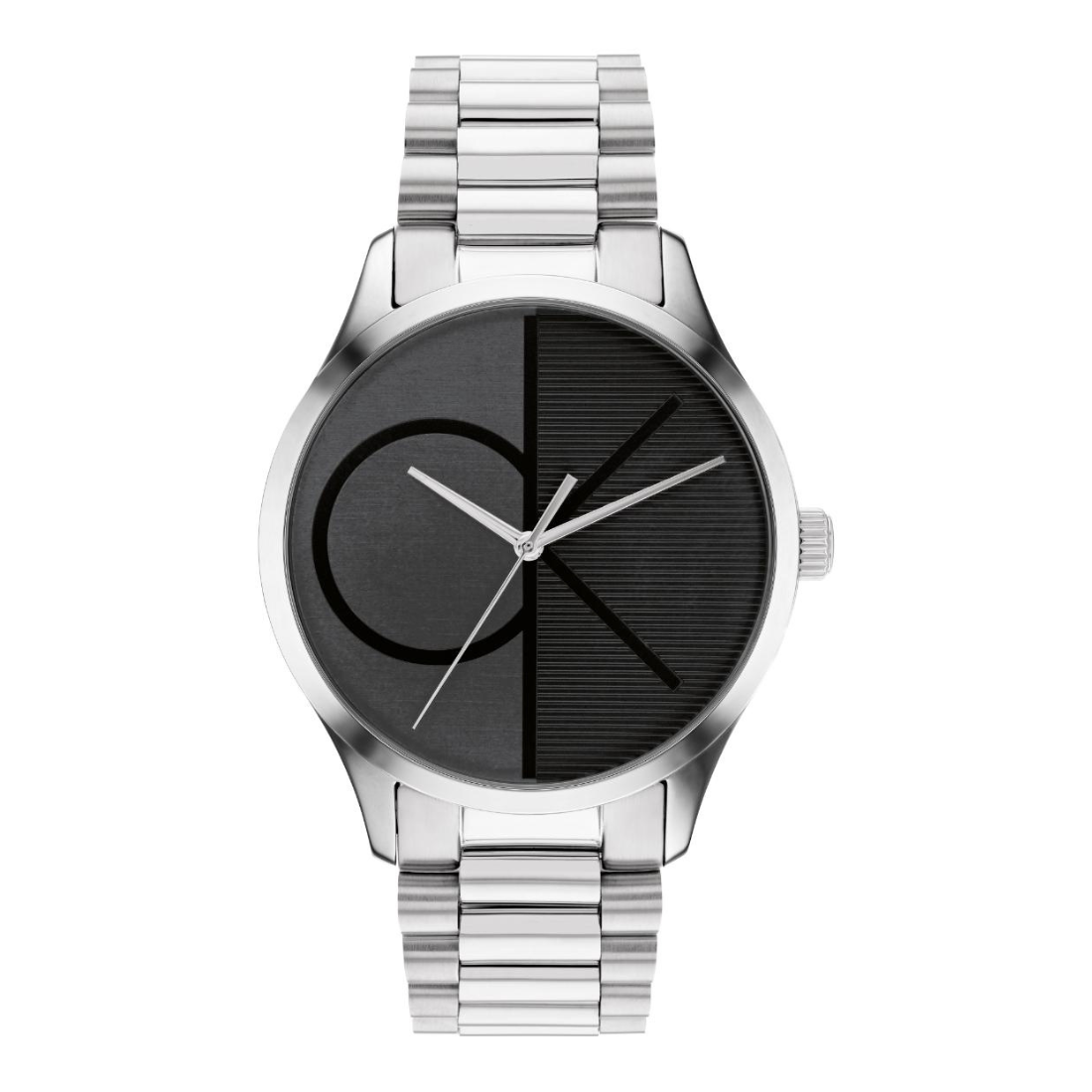 A Calvin Klein analog watch with a silver stainless steel link bracelet, a round silver case, and a black split-face dial featuring the brand's 'ck' logo.