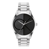 A Calvin Klein analog watch with a silver stainless steel link bracelet, a round silver case, and a black split-face dial featuring the brand's 'ck' logo.