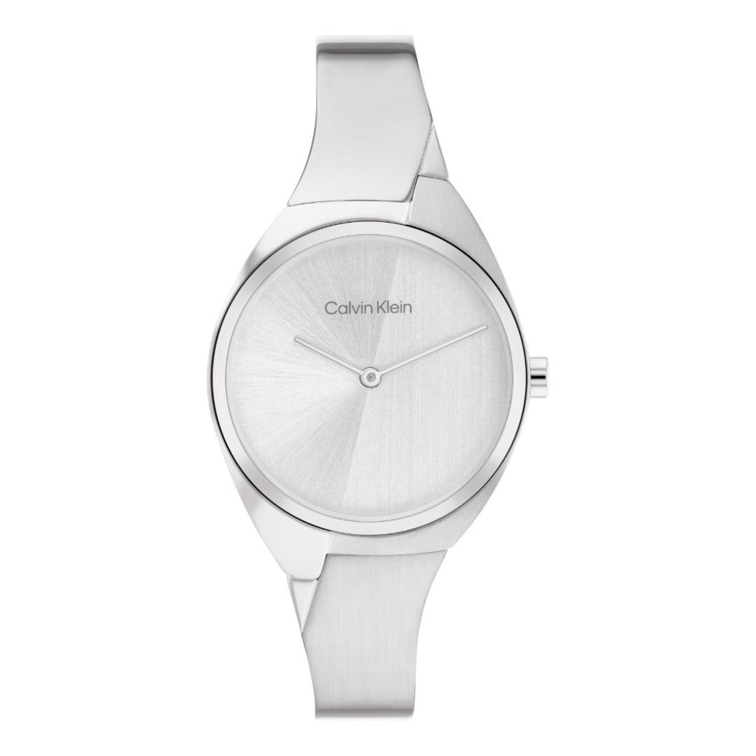 A Calvin Klein analog watch with a brushed silver stainless steel case and a matching silver metal link bracelet, shown against a plain white background.