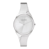 A Calvin Klein analog watch with a brushed silver stainless steel case and a matching silver metal link bracelet, shown against a plain white background.
