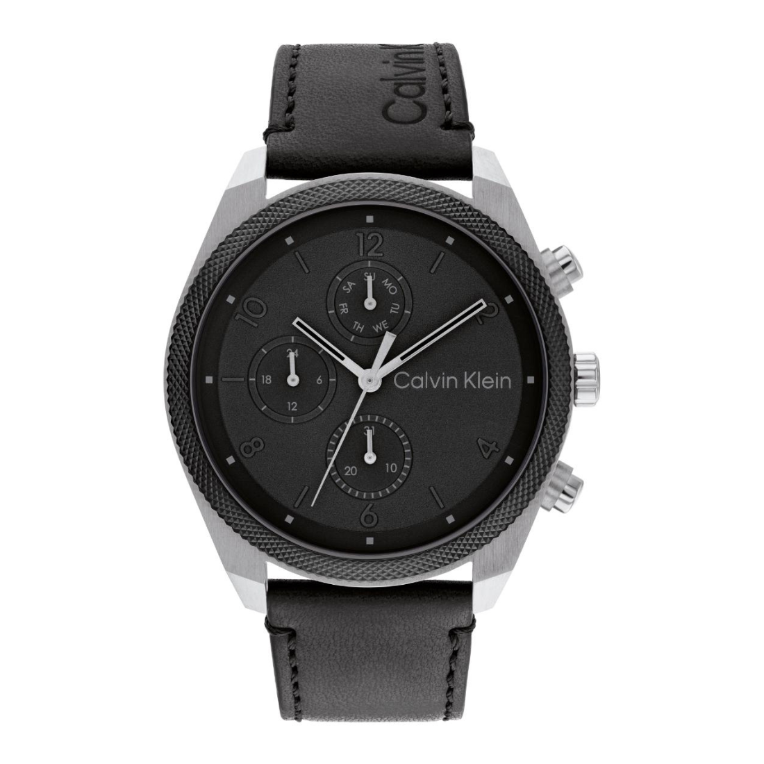 Calvin Klein smartwatch with a black textured dial, silver-tone case, and black leather strap on a white background.