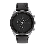 Calvin Klein smartwatch with a black textured dial, silver-tone case, and black leather strap on a white background.