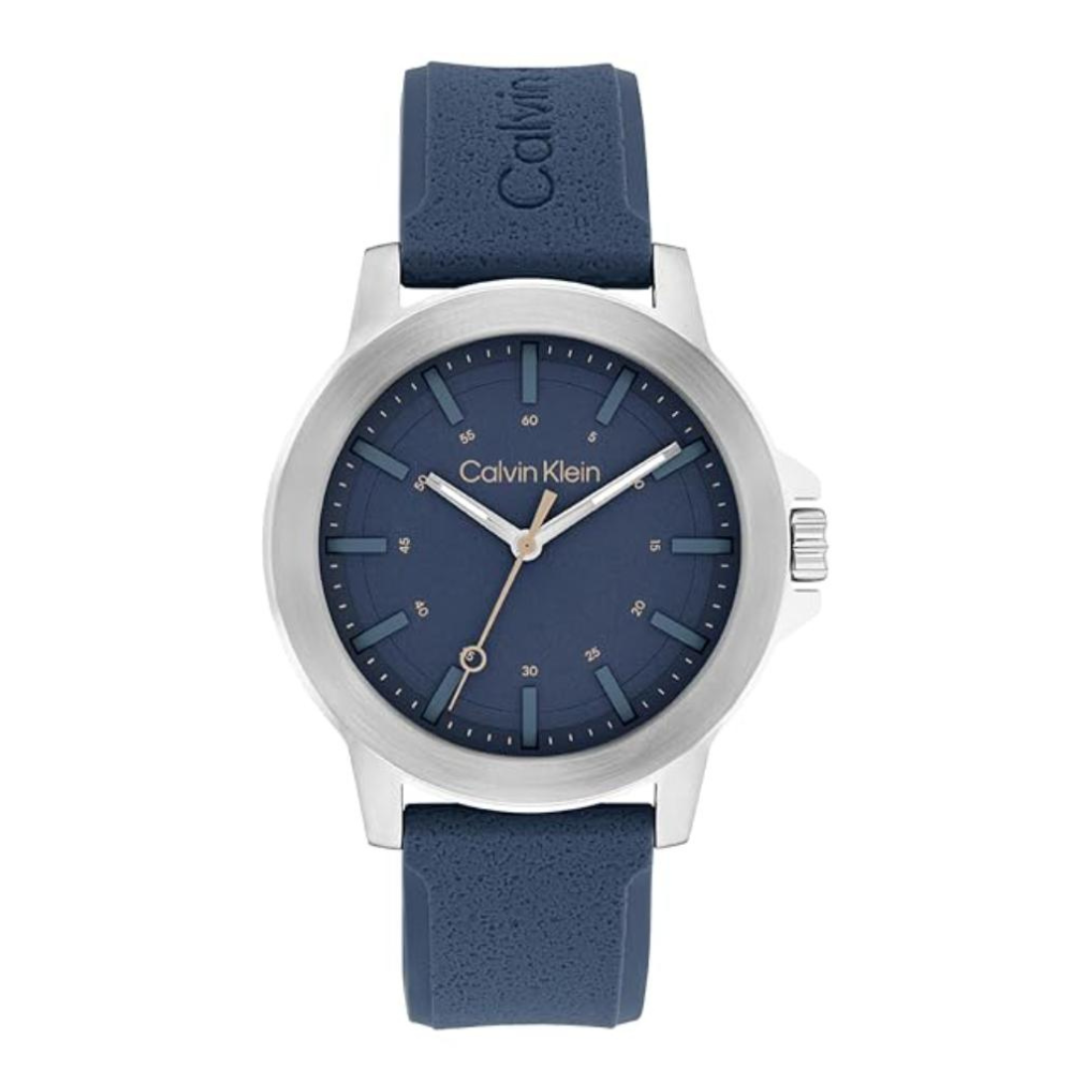 Calvin Klein watch with a navy blue dial and matching navy blue strap, featuring a silver-tone case and gold-tone hands.