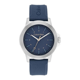 Calvin Klein watch with a navy blue dial and matching navy blue strap, featuring a silver-tone case and gold-tone hands.