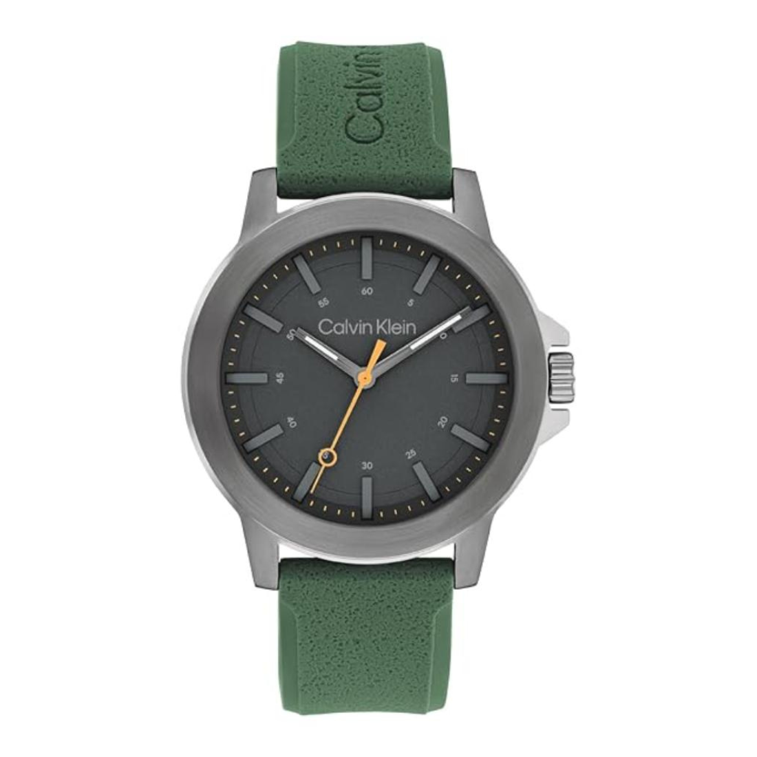 Calvin Klein analog watch with a dark gray dial, silver-tone case, and green textured strap, shown on a plain white background.