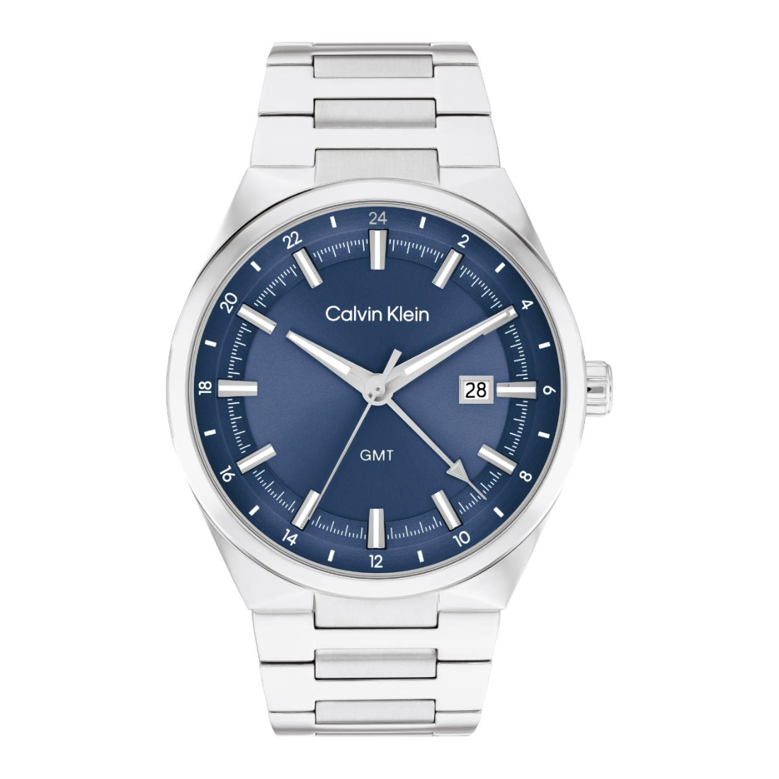 Calvin Klein stainless steel watch with a blue dial, silver-tone case and link bracelet, featuring a date window and white hands and indices.