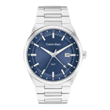 Calvin Klein stainless steel watch with a blue dial, silver-tone case and link bracelet, featuring a date window and white hands and indices.