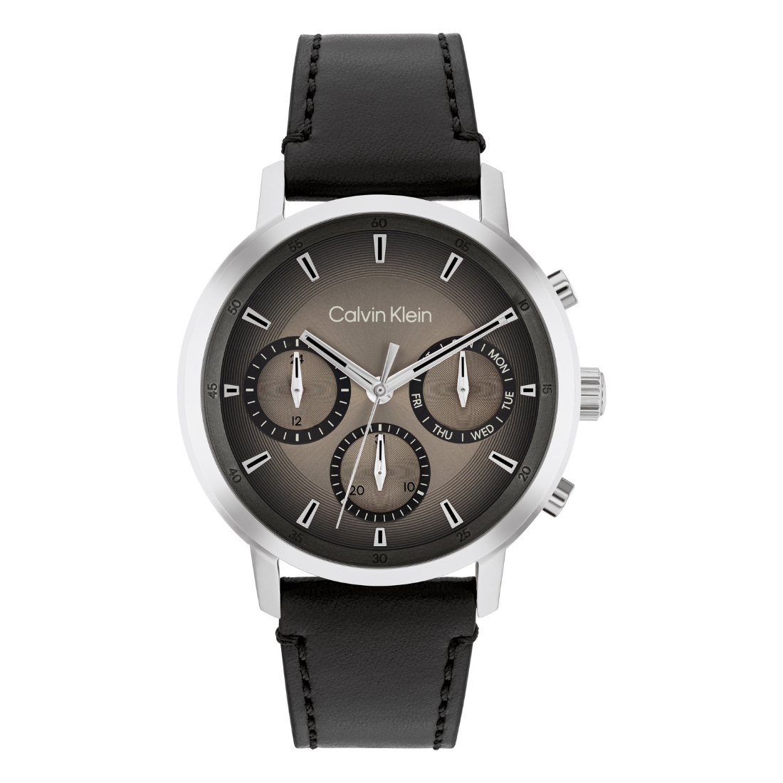 Calvin Klein watch with black leather strap and brown dial on a white background
