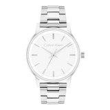 A Calvin Klein stainless steel wristwatch with a white textured dial, silver-tone case, and matching silver-tone metal link bracelet, shown against a plain white background.