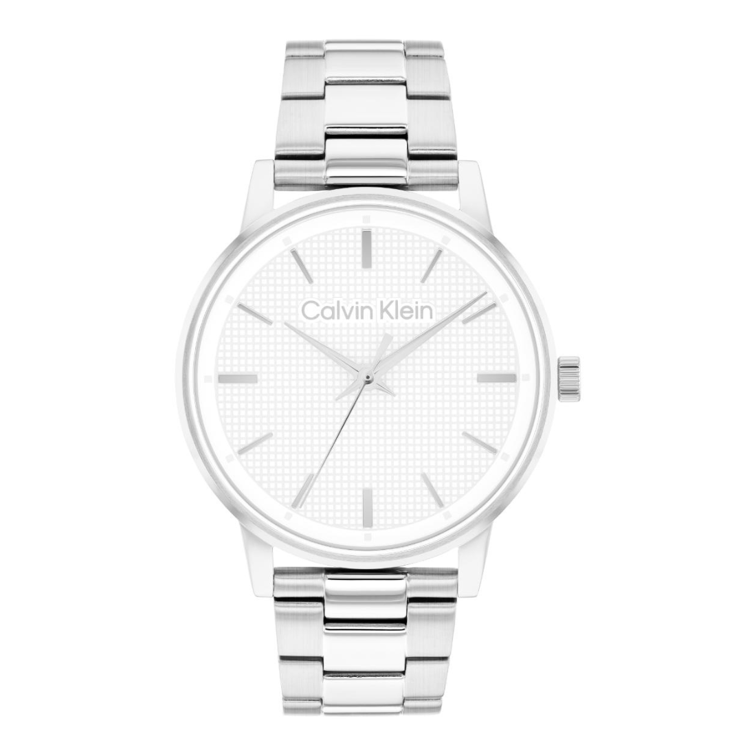 A Calvin Klein stainless steel wristwatch with a white textured dial, silver-tone case, and matching silver-tone metal link bracelet, shown against a plain white background.