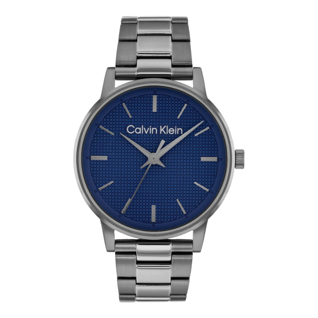 Calvin Klein men's analog watch with a textured blue dial and a silver stainless steel link bracelet, shown against a plain white background.