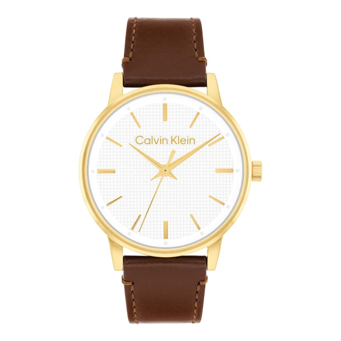 Calvin Klein watch with a gold-tone case, white dial, and brown leather strap, shown against a plain white background.