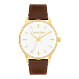 Calvin Klein watch with a gold-tone case, white dial, and brown leather strap, shown against a plain white background.