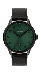 Calvin Klein watch with green face and black strap on white background