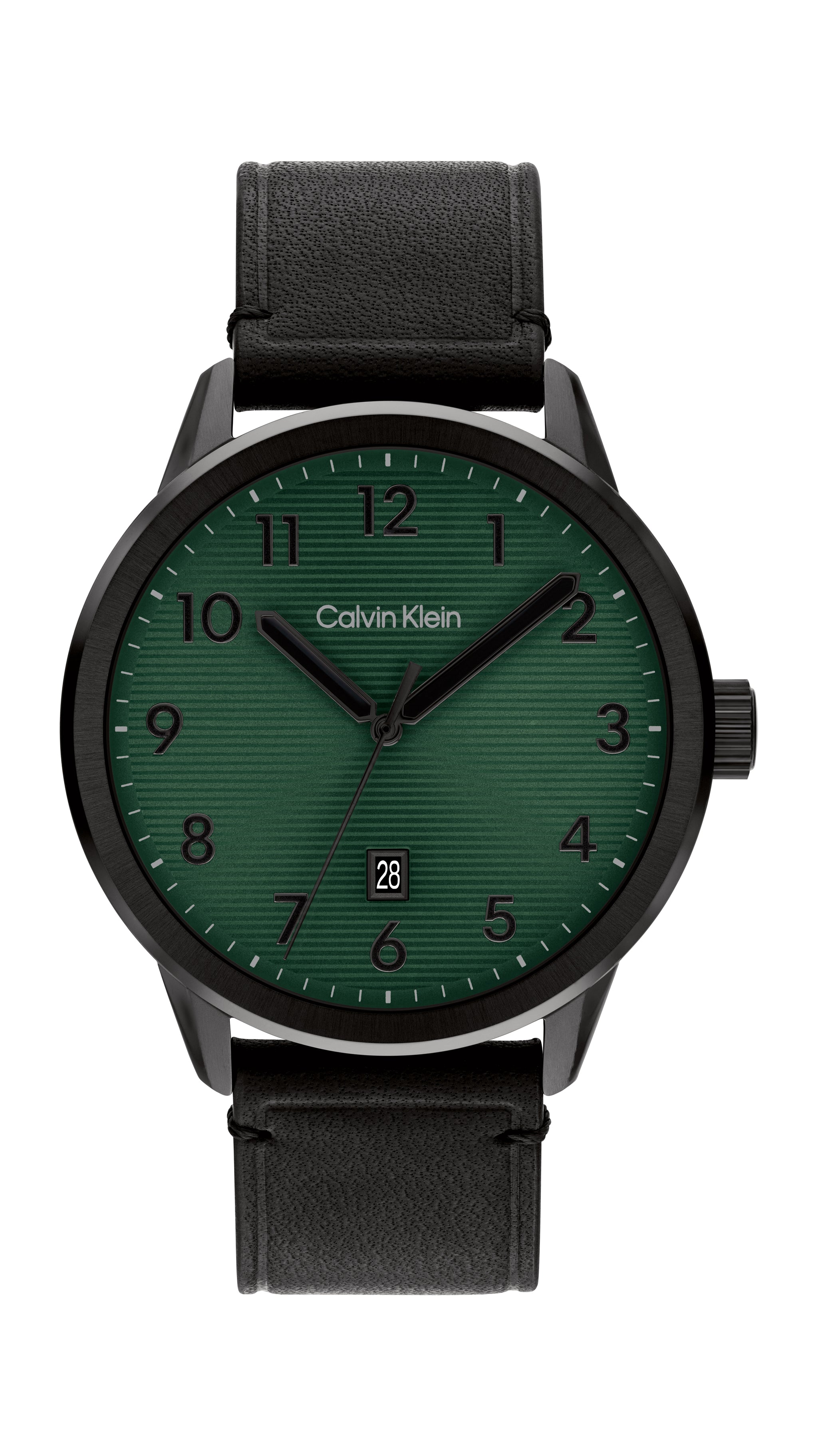 Calvin Klein watch with green face and black strap on white background