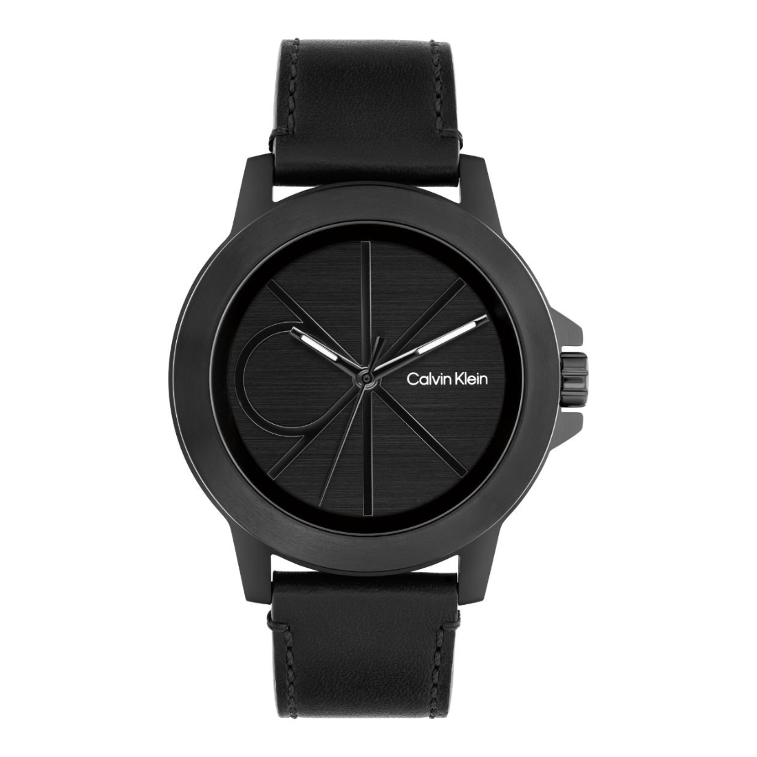 A Calvin Klein analog watch with a round black case, black dial, and black leather strap, shown against a plain white background.