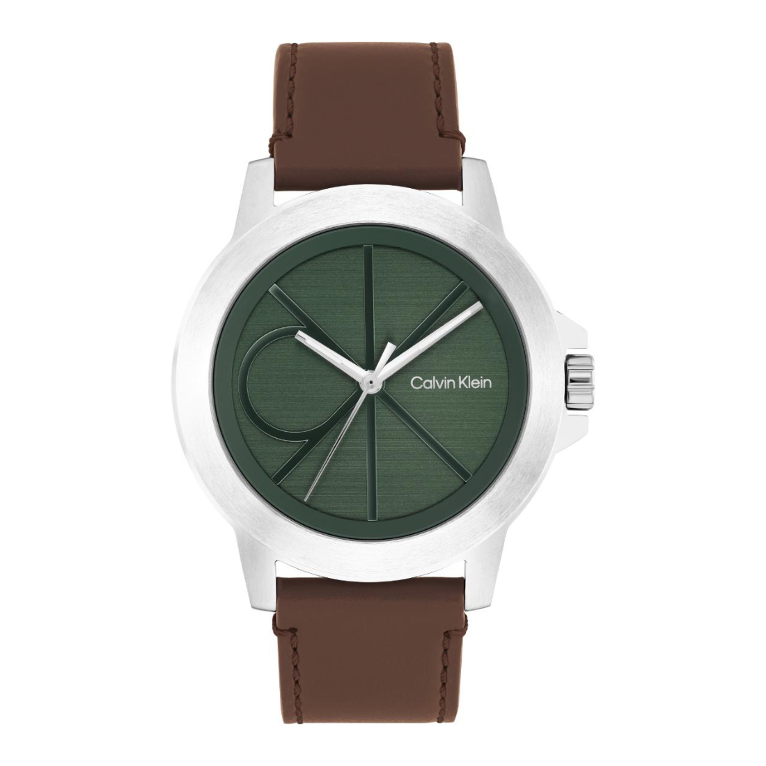 Calvin Klein analog watch with a brown leather strap, a silver-tone case, and a dark green dial featuring the brand's signature 'CK' logo.