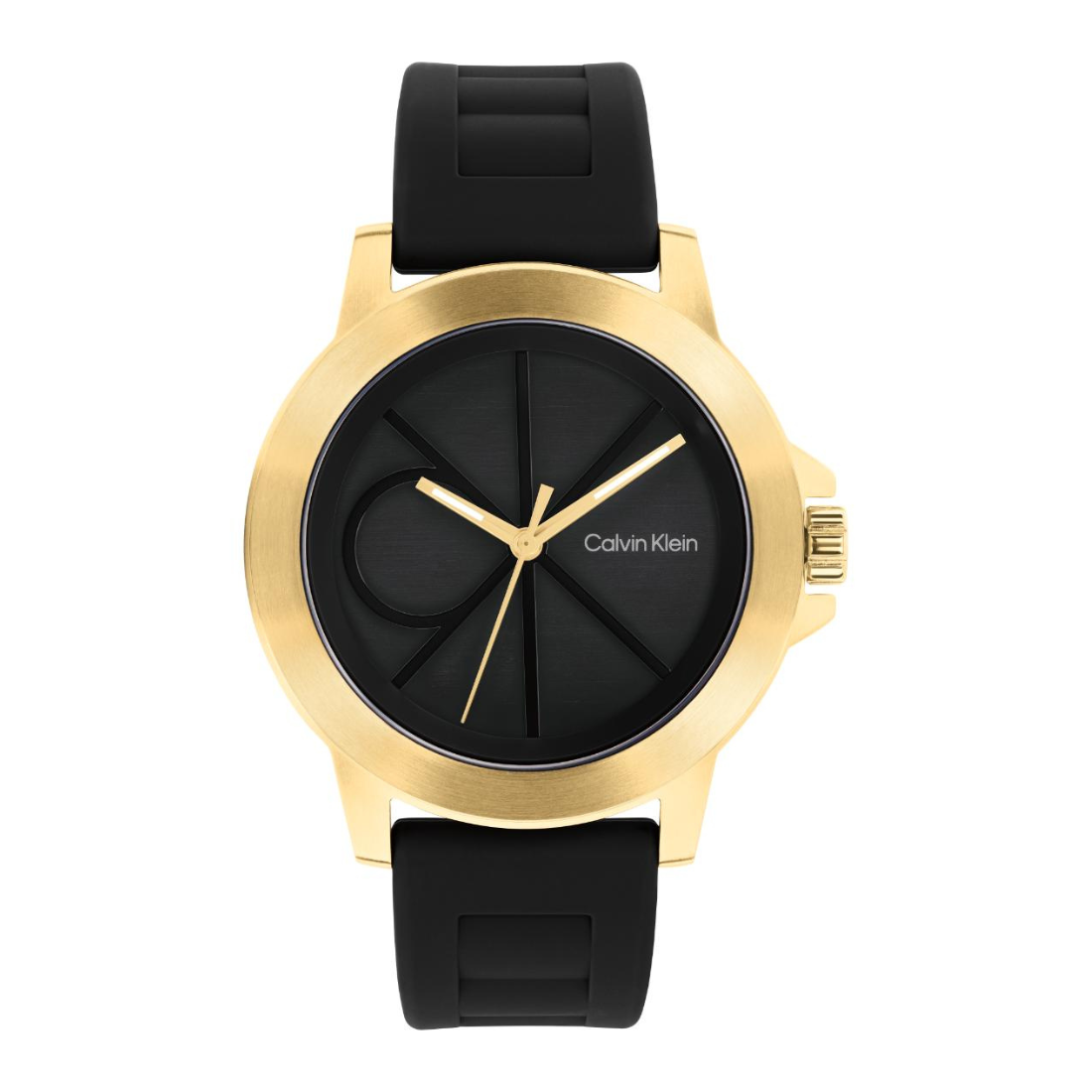 Calvin Klein analog watch with a round gold-tone case, black dial, and black silicone strap, shown on a plain white background.