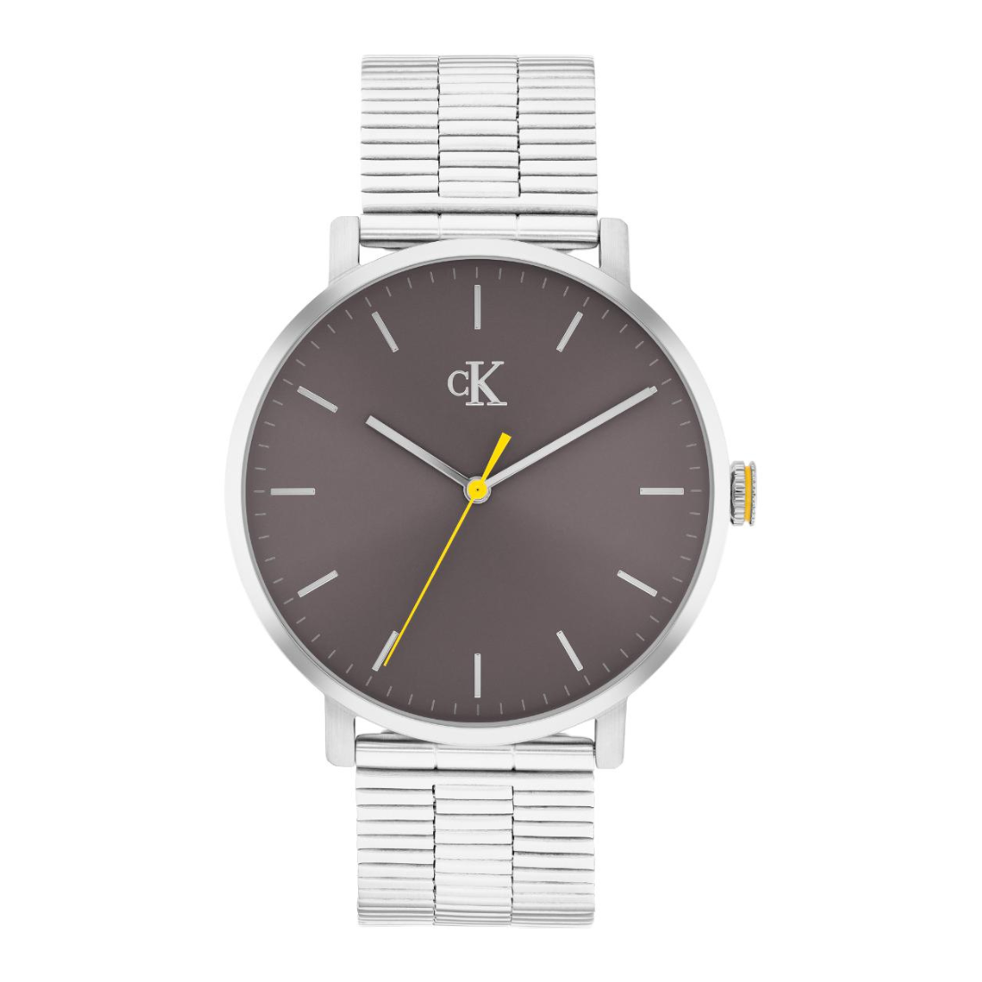 A Calvin Klein watch with a silver stainless steel link bracelet, a silver case, and a dark gray dial with a yellow second hand.
