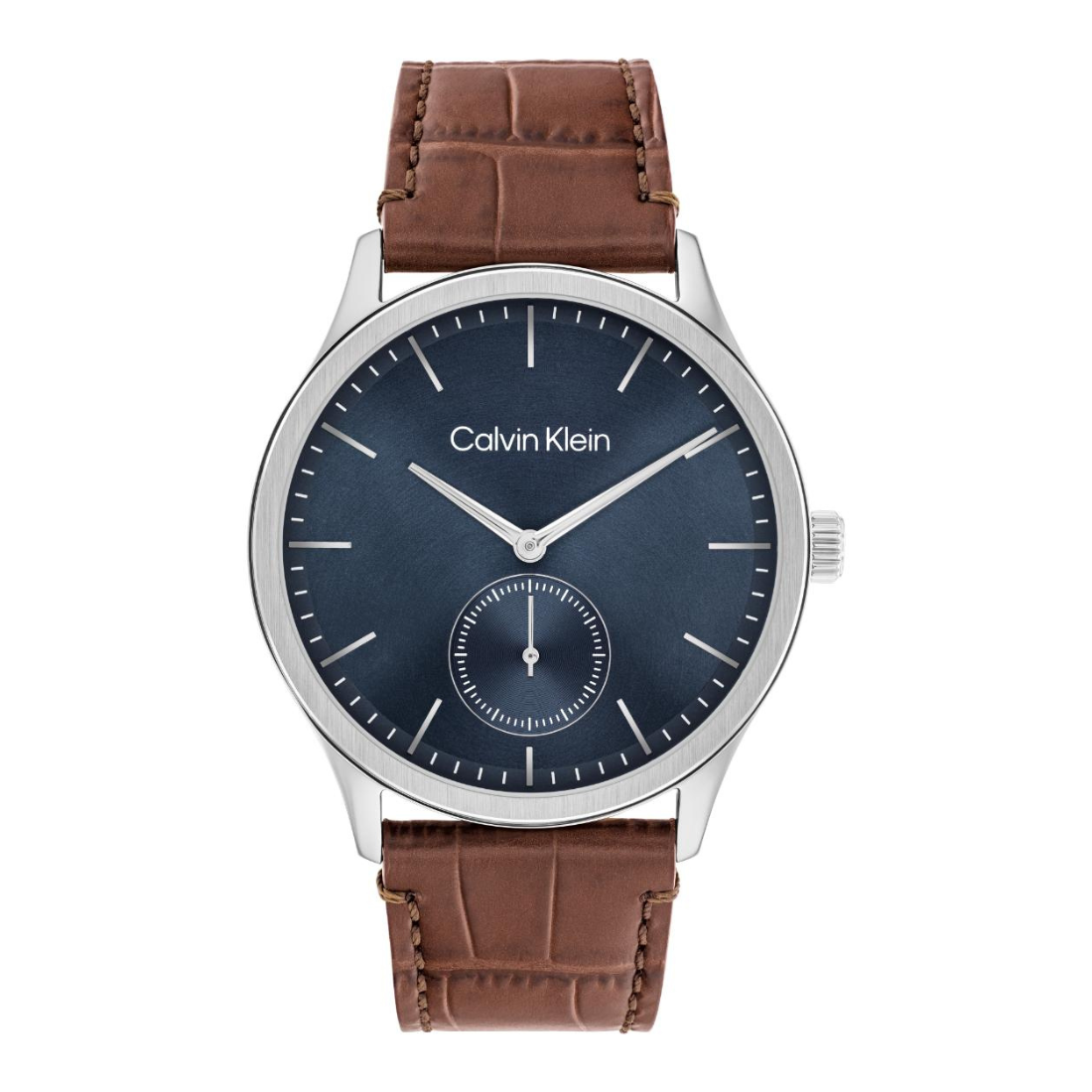 Calvin Klein men's watch featuring a dark blue dial, silver-tone stainless steel case, and a brown leather strap with an alligator pattern.