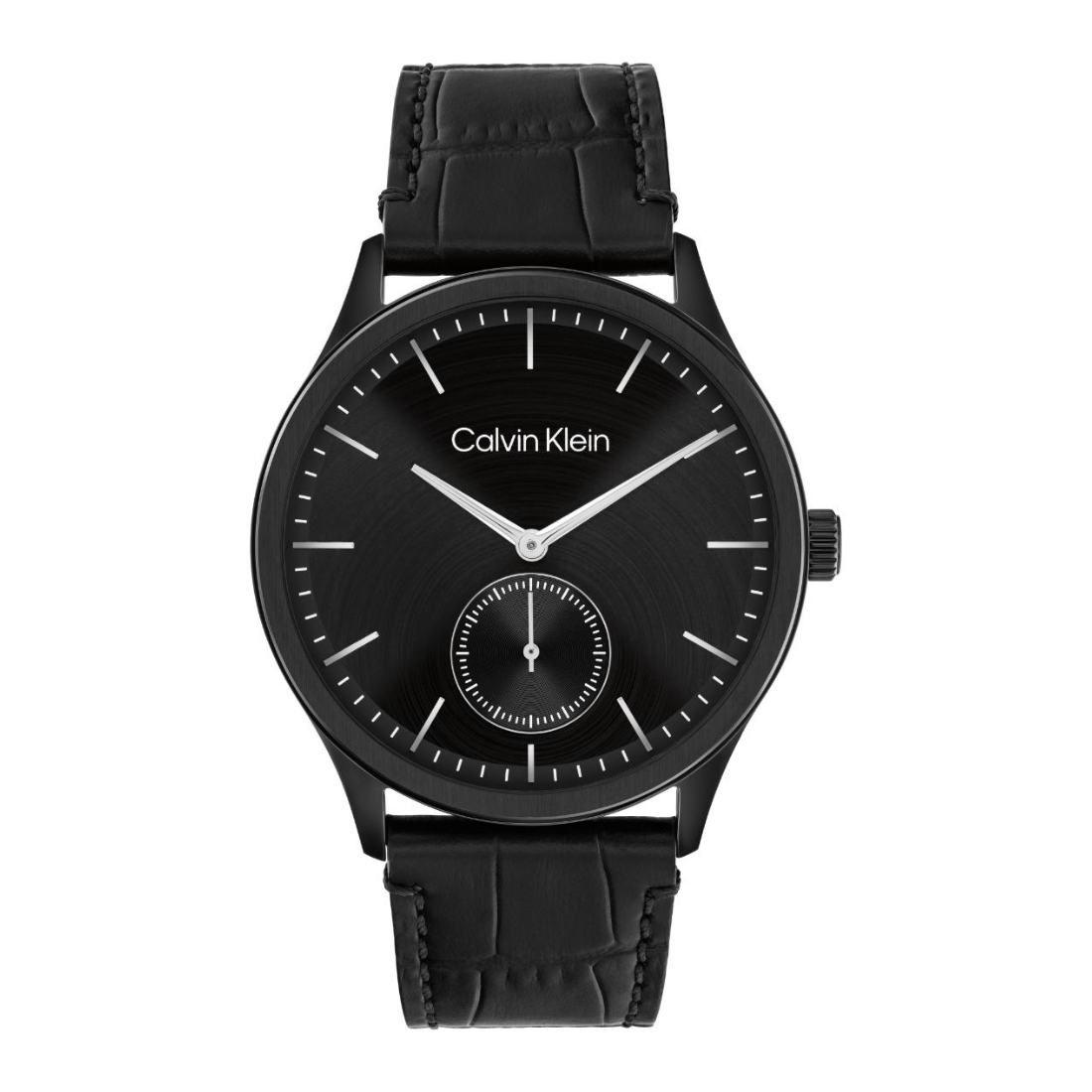 Calvin Klein black watch with a black dial, black textured strap, and silver-tone hands and indices, shown on a plain white background.
