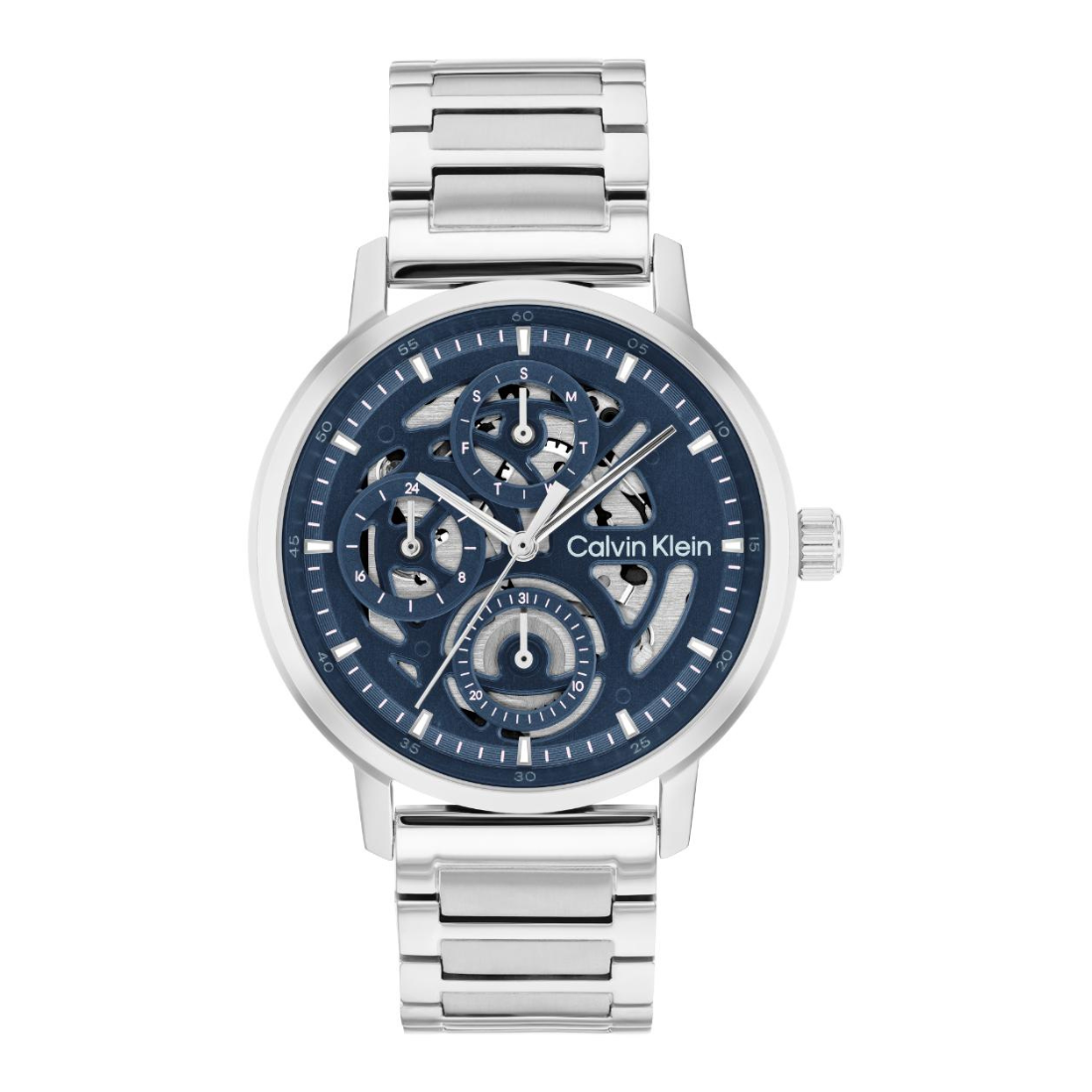Calvin Klein skeleton watch with a silver stainless steel link bracelet and a dark blue dial showing the inner mechanical movement.