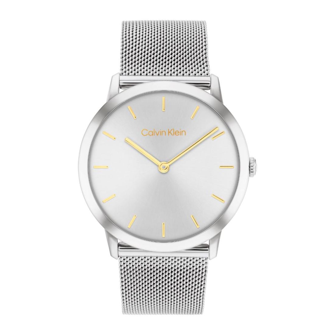 Calvin Klein analog watch with a silver stainless steel case, silver mesh strap, and a white dial with gold-tone hands and hour markers.