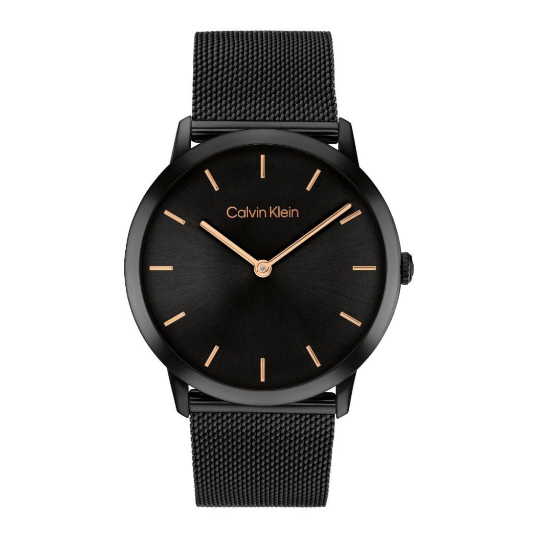 Calvin Klein watch with a black dial, black mesh strap, and rose gold-tone hands and hour markers, shown on a plain white background.