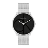 Calvin Klein analog watch with a silver-tone stainless steel mesh strap, silver-tone case, and a black dial featuring a large stylized 'CK' logo.