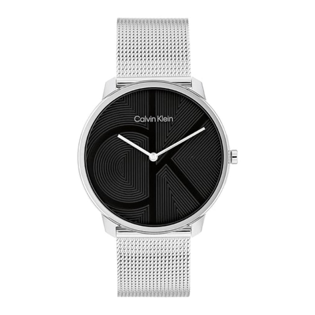 Calvin Klein analog watch with a silver-tone stainless steel mesh strap, silver-tone case, and a black dial featuring a large stylized 'CK' logo.