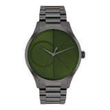 Wristwatch with green face and silver metal strap on white background