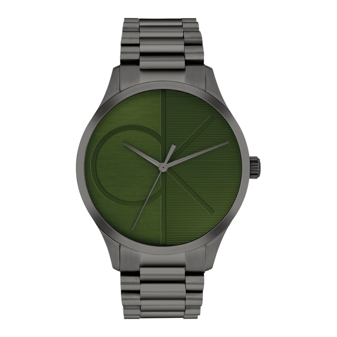 Wristwatch with green face and silver metal strap on white background