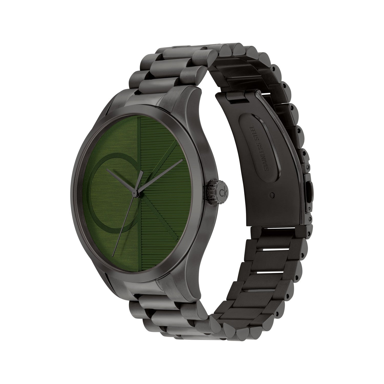 Black watch with a green face on a white background