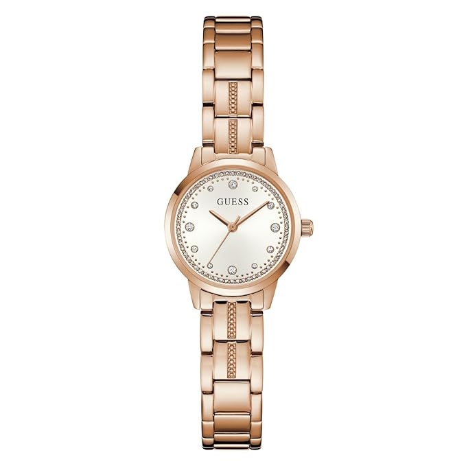Guess Gb Elle Analog Watch for Woman with White Round Dial & Rose Gold Tone Stainless Steel Bracelet Band Water Resistant Women's Wrist Watches  U1458L4M