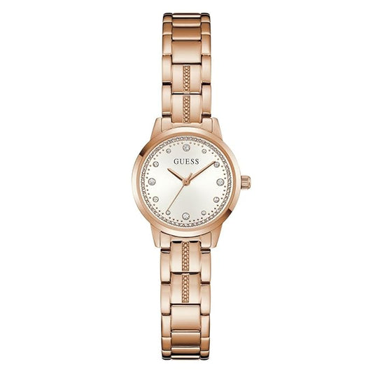 Guess Gb Elle Analog Watch for Woman with White Round Dial & Rose Gold Tone Stainless Steel Bracelet Band Water Resistant Women's Wrist Watches - U1458L4M