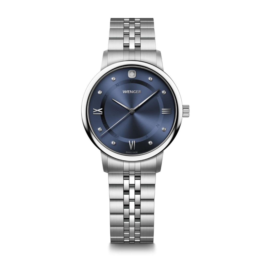 Silver wristwatch with blue dial on a white background