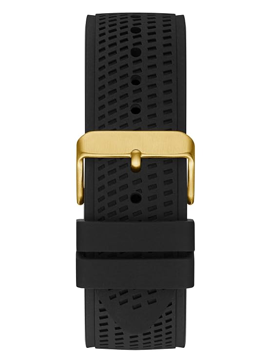 Black perforated silicone watch strap with a gold buckle, shown on a plain white background.