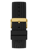 Black perforated silicone watch strap with a gold buckle, shown on a plain white background.