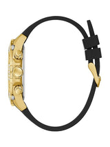 Gold watch with black strap on a white background