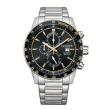 Citizen watch with black dial and silver bracelet on a white background