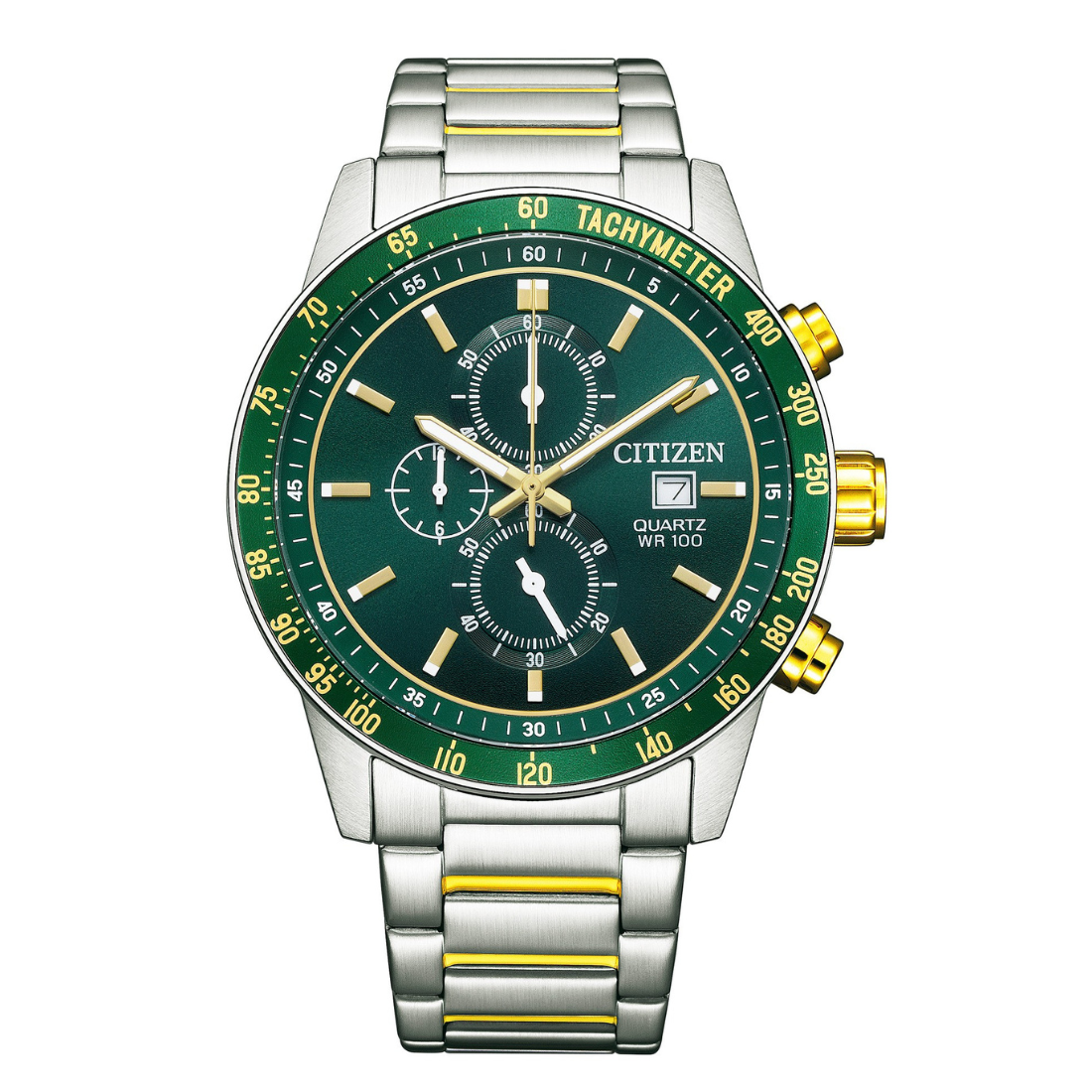 Citizen watch with green dial and silver and gold accents on a white background